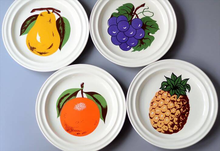 デッドストック ポルトガル製 GESOL かわいいフルーツの絵皿 21cmプレート 洋ナシ オレンジ ブドウパイン ヴィンテージ アンティーク