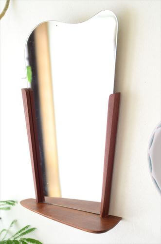 デンマーク製 1960年代 チーク ウォールミラー 53x31cm 棚付き シェルフ 壁掛け鏡 北欧 無垢 アンティーク