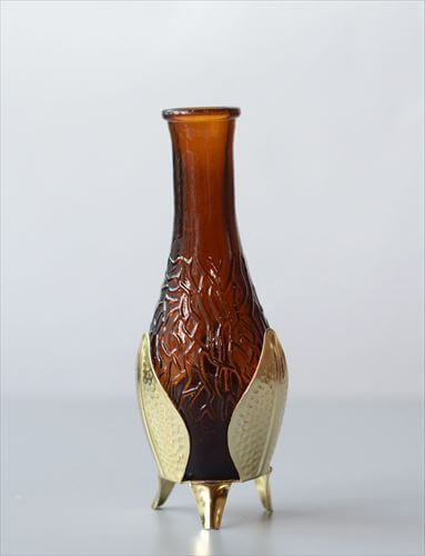 ドイツから アンバーガラスとホルダーの花瓶 花器 グラス フラワーベース アンティーク　ヴィンテージ