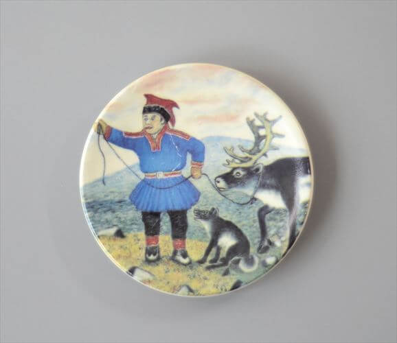 フィンランド製 Arabia 小さな陶板 1984年 サーミ族のトナカイ飼い Andreas Alariesto 北欧 ヴィンテージ