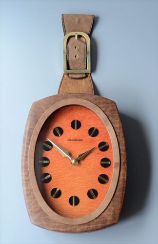 ドイツ製 Dugena 木製x革張り 吊り下げ式壁時計 壁掛け ウッド