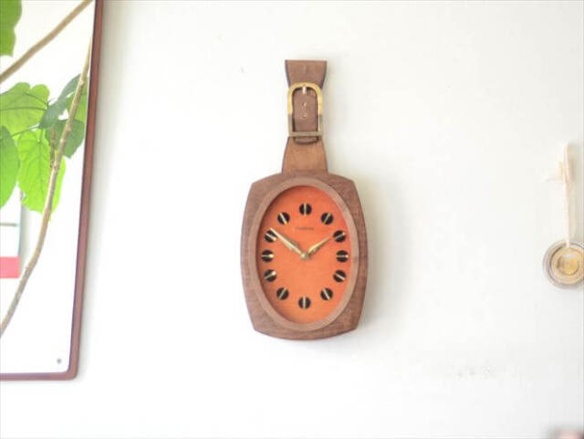 ドイツ製 Dugena 木製x革張り 吊り下げ式壁時計 壁掛け ウッド