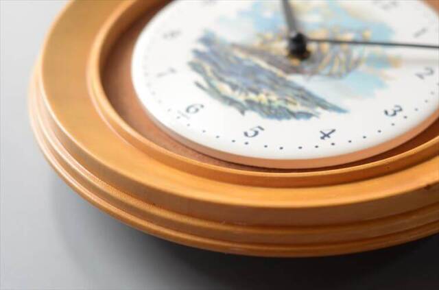 イングランド製 H&R Johnson陶器と木製の壁時計 船の絵付け 電池式 壁時計 イギリス 英国 ヴィンテージ