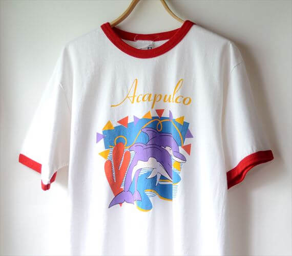 USA製 90's ヴィンテージ かわいいイルカのトリムTシャツ sizeM ホワイトｘレッド Acapulcoスーベニア メンズ レディース 古着