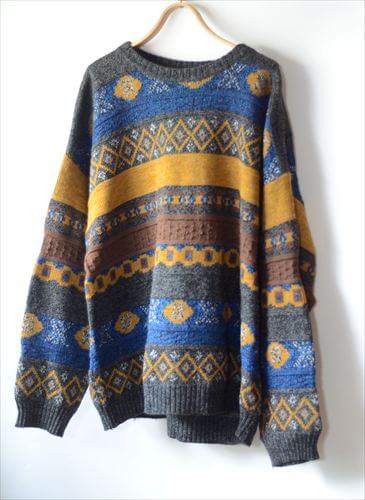 イタリア製 ヴィンテージ 総柄ニット ウールｘアクリル セーター sizeL メンズ 幾何学模様 ヨーロッパ古着
