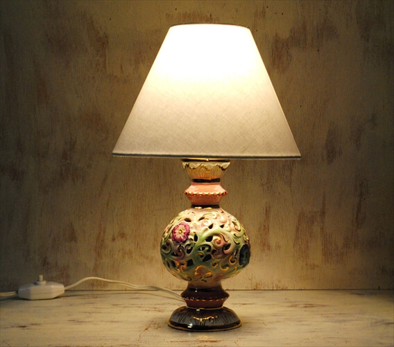 イタリア製 陶器のデスクランプ 花柄 金彩 テーブル ライト 卓上 照明 ヴィンテージ アンティーク 2912