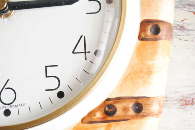 ドイツ製 バスケット型 陶器の壁時計 新品クウォーツ交換済 電池式 壁掛け時計 セラミック キッチンクロック アンティーク