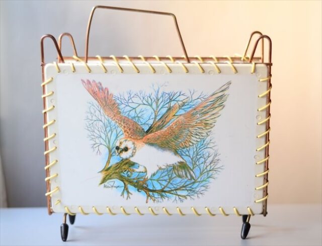 訳あり イングランドから フクロウの絵付けのマガジンラック 英国 イギリス 什器 ヴィンテージ アンティーク