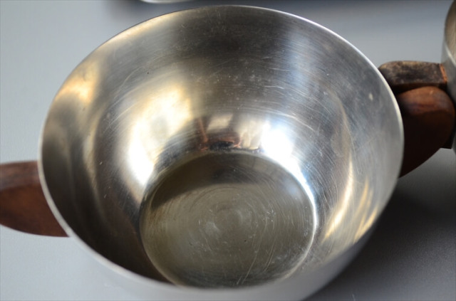 デンマーク製 クリーマー シュガーボウル トレイの3点セット チークハンドルｘステンレス 北欧食器 北欧雑貨 ヴィンテージ_240508