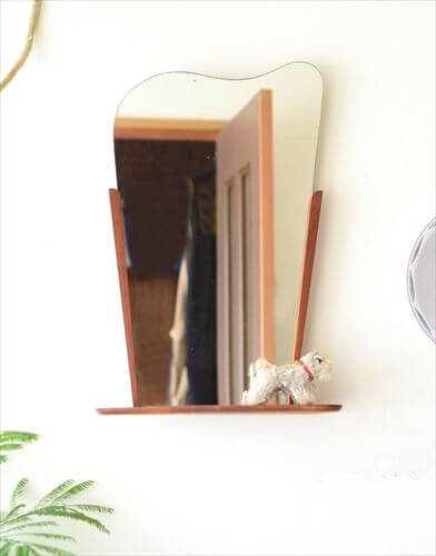 デンマーク製 1960年代 チーク ウォールミラー 53x31cm 棚付き シェルフ 壁掛け鏡 北欧 無垢 アンティーク