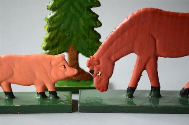 ドイツ エルツ山地製 かわいい木製の動物オブジェ 馬 豚 人 置物 アートピース フィギュア ヴィンテージ_250523