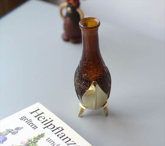 ドイツから アンバーガラスとホルダーの花瓶 花器 グラス フラワーベース アンティーク　ヴィンテージ