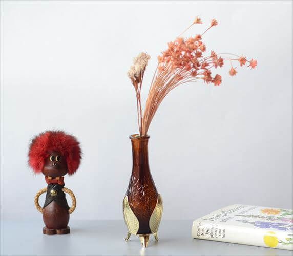 ドイツから アンバーガラスとホルダーの花瓶 花器 グラス フラワーベース アンティーク　ヴィンテージ