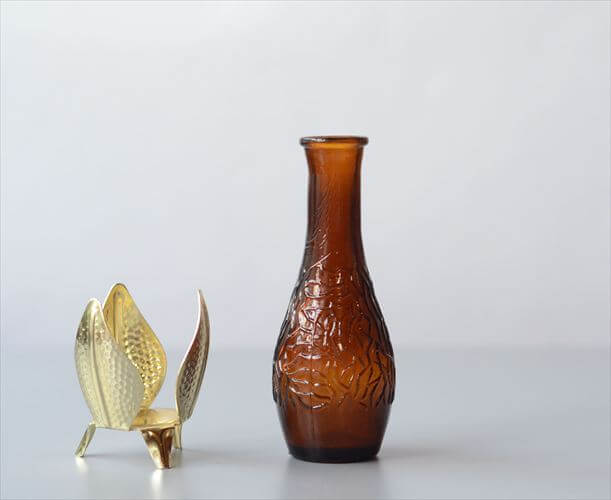 ドイツから アンバーガラスとホルダーの花瓶 花器 グラス フラワーベース アンティーク　ヴィンテージ