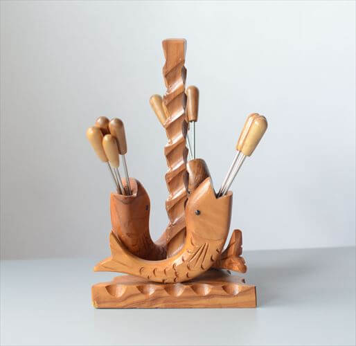 ドイツから お魚のカクテルフォーク ホルダー 木製 ピック デザート 食器 ヴィンテージ アンティーク_250711