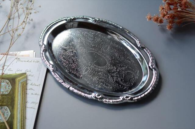 ドイツから シルバープレート オーバルトレー 24ｘ16 楕円トレイ 銀彩 お盆 サルヴァ ヴィンテージ アンティーク