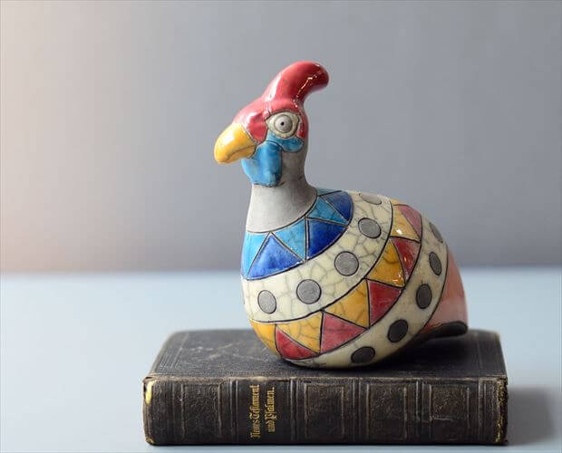 南アフリカの楽焼 カラフルなホロホロ鳥 Raku pottery Guinea Fowl 陶器 オブジェ フィギュア アンティーク