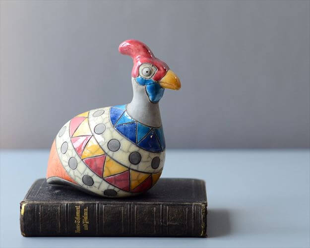 南アフリカの楽焼 カラフルなホロホロ鳥 Raku pottery Guinea Fowl
