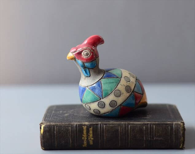 南アフリカの楽焼 カラフルなホロホロ鳥 Raku pottery Guinea Fowl 陶器 オブジェ フィギュア アンティーク
