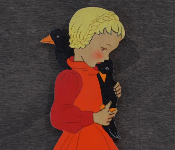 西ドイツ製 Mertens kunst カラスを可愛がる女の子 木製 壁掛け