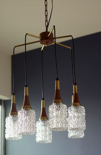 ドイツ製 1960年代頃の6灯カスケードランプ シャンデリア ミッドセンチュリー ヴィンテージ 天井照明 ガラスシェード アンティーク