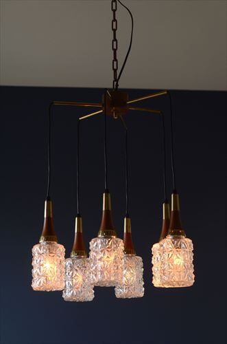 ドイツ製 1960年代頃の6灯カスケードランプ シャンデリア ミッドセンチュリー ヴィンテージ 天井照明 ガラスシェード アンティーク