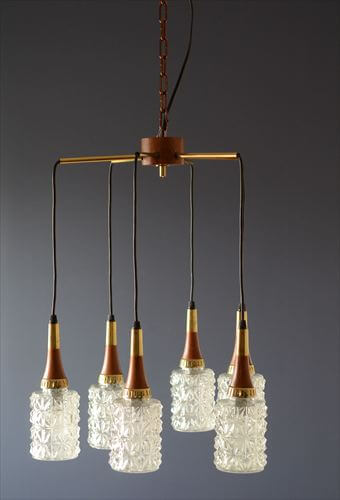 ドイツ製 1960年代頃の6灯カスケードランプ シャンデリア ミッドセンチュリー ヴィンテージ 天井照明 ガラスシェード アンティーク