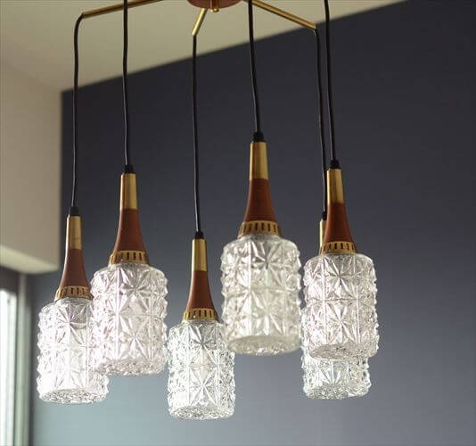 ドイツ製 1960年代頃の6灯カスケードランプ シャンデリア ミッドセンチュリー ヴィンテージ 天井照明 ガラスシェード アンティーク