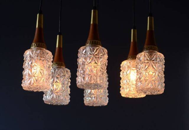 ドイツ製 1960年代頃の6灯カスケードランプ シャンデリア ミッドセンチュリー ヴィンテージ 天井照明 ガラスシェード アンティーク