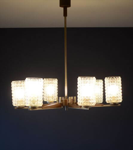 ドイツ製 1960年代頃の6灯ガラスシャンデリア ミッドセンチュリー ヴィンテージ 天井照明 ライト ランプ アンティーク