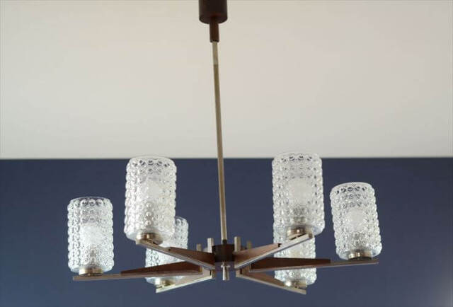 ドイツ製 1960年代頃の6灯ガラスシャンデリア ミッドセンチュリー ヴィンテージ 天井照明 ライト ランプ アンティーク