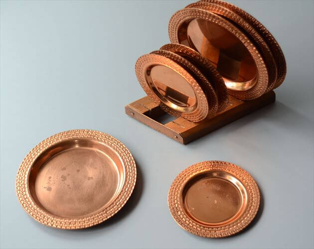 ドイツから 古い純銅 コパー豆皿 8枚とスタンドのセット コッパー ミニプレート コースター ヴィンテージ アンティーク