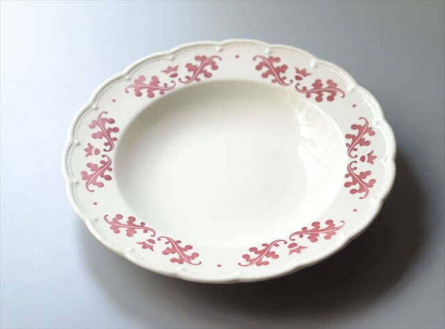 1930-40年代 ベルギー製 BOCH 赤い植物スタンプのスープ パスタプレート 23cm 深皿 アンティーク ヴィンテージ