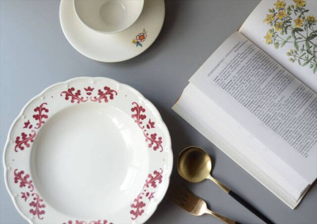 1930-40年代 ベルギー製 BOCH 赤い植物スタンプのスープ パスタ