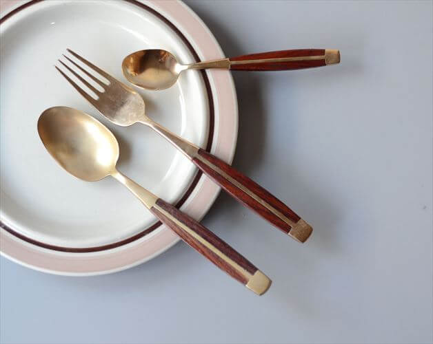 イングランドから ローズウッドｘ真鍮 カトラリー スプーン フォーク デザートスプーン 木製 ブラス 英国 ヴィンテージ