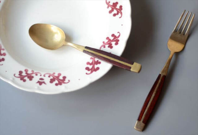 イングランドから ローズウッドx真鍮 カトラリー スプーン フォーク