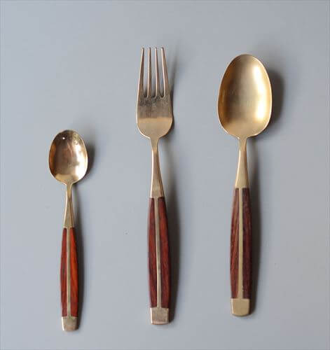 イングランドから ローズウッドx真鍮 カトラリー スプーン フォーク