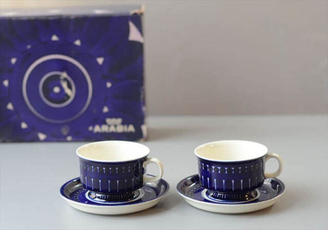 美品 ARABIA アラビア バレンシア カップ＆ソーサー 2客セット ペア 箱付き Valencia デミタス フィンランド 北欧 ヴィンテージ