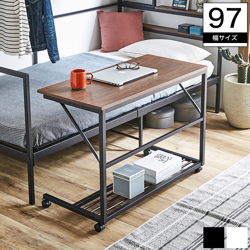 キャスター付きPCデスク 移動可能ラック付 学習机 オフィスデスク 多