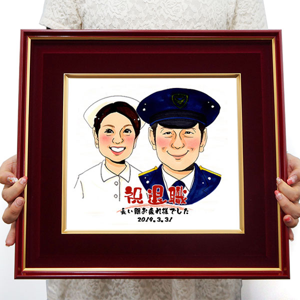 【退職祝い】似顔絵＜朱色色紙額＞あったかタッチ【似顔絵人数１人】
