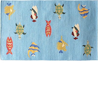 ハワイアン ラグ（平織り） フィッシュ&タートル（ブルー） １２０ｃｍ×１８０ｃｍ