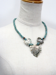 ３連ハワイアンシェルネックレス モンステラ ターコイズ