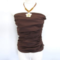 トップス シャーリングブラウスチューブトップ ブラウン