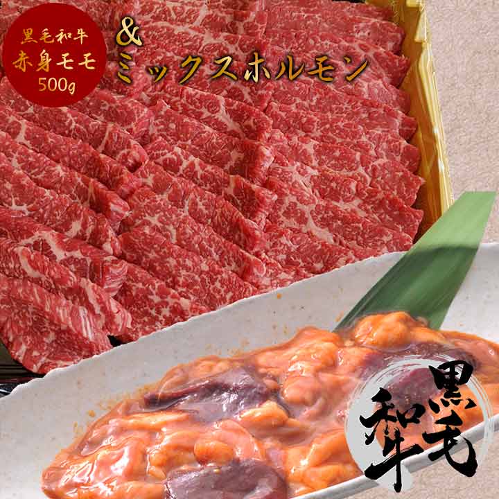 黒毛和牛 モモ 焼肉用500g + ミックスホルモン300g