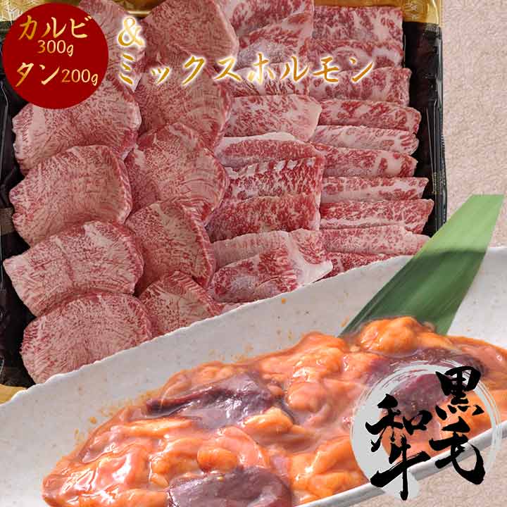 黒毛和牛 不揃い カルビ 300g×US産厚切り 牛タン200g×ミックスホルモン300g