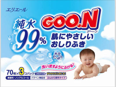 グーン　肌にやさしいおしりふき　詰替用　７０枚×３個パック　350円【ケース販売/12個入】 (142590102)