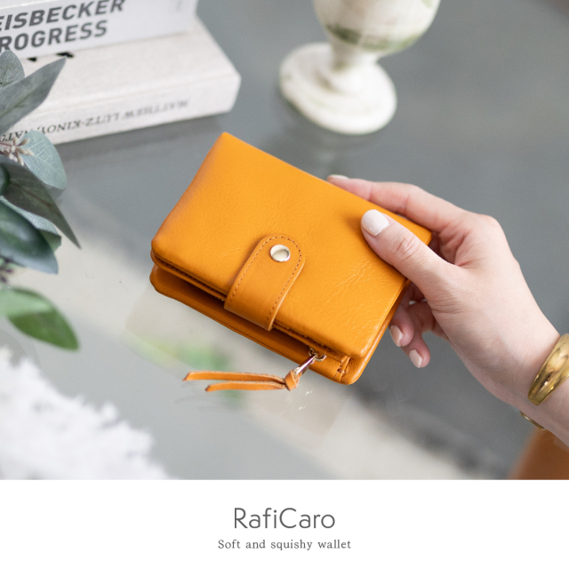 RafiCaro 本革 イタリアンレザー ボタン留め 二つ折り財布 コンパクト