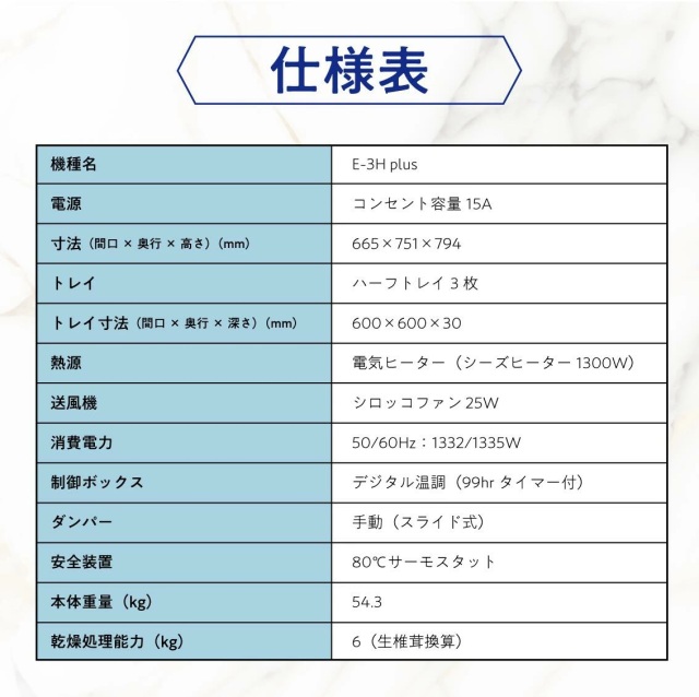 大紀産業　電気乾燥機　Eシリーズ　E-3H plus 仕様表