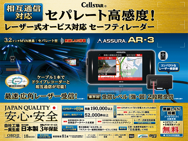 【お買い得！在庫限り】AR-3 セーフティレーダー  [セパレートタイプ][無線LAN搭載][2020年モデル][地図データ最新][3年保証][アウトレット]