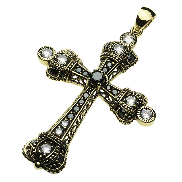 cenote p7006 【ブラスアクセサリー】 真鍮クラウンクロスペンダント ホワイトジルコニア ブラックジルコニア
